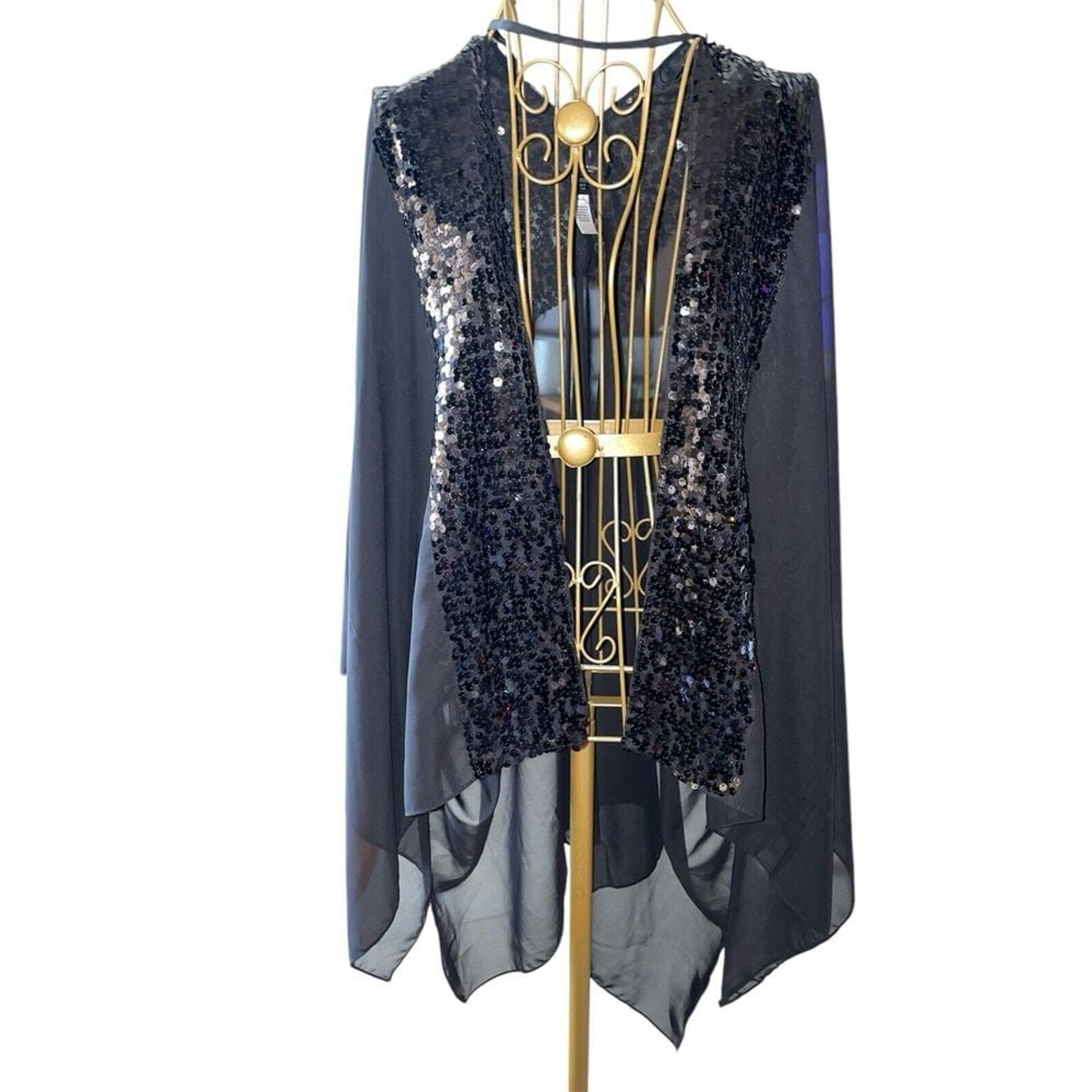 ANDREW MARC, MARC NEW YORK, BLACK SHEER WITH SEQUIN ACCENTS, SHAWL, SPLIT FRONT