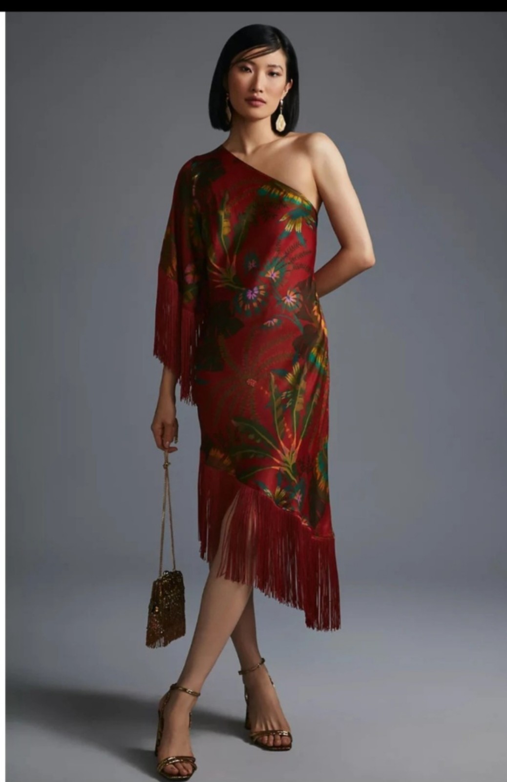 Farm Rio Red One Shoulder Tassel Fringed Dress Size Large