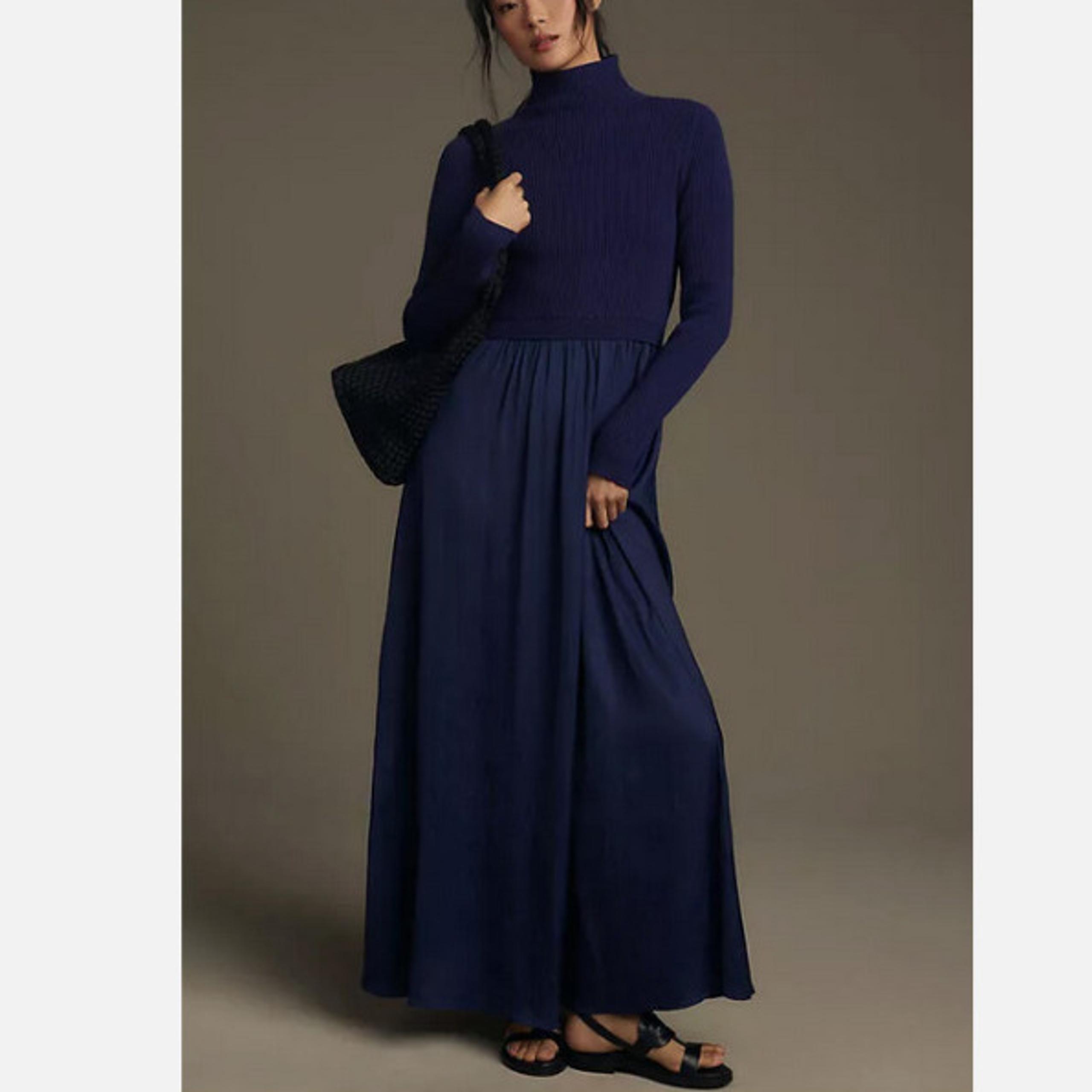 Anthropologie M The Thea Twofer Sweater Dress Mock Neck Dark Blue New Medium