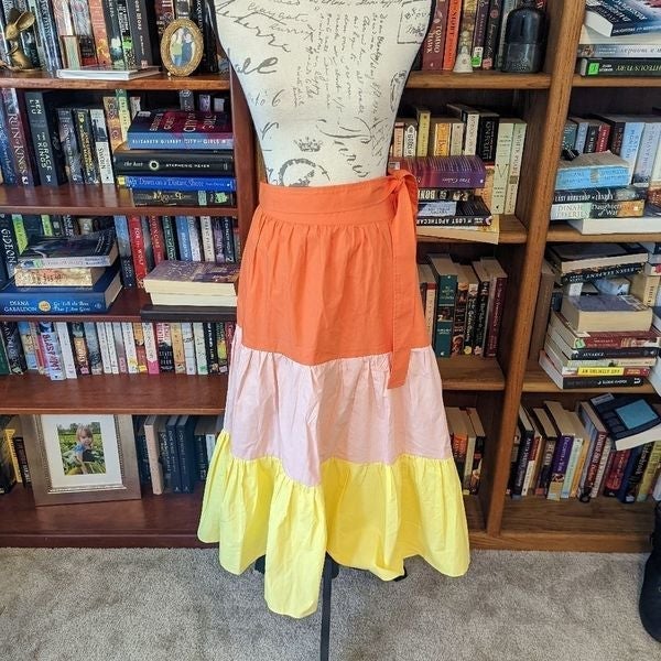 English factory color block pink orange and yellow attached belt skirt sz s nowt