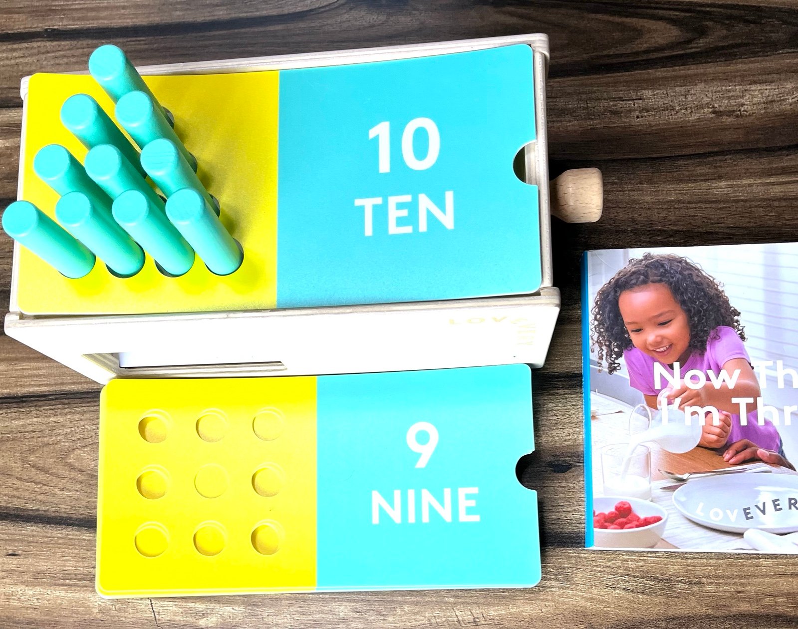 Lovevery The Free Spirit Kit Wooden Counting Slider Box w/ Wooden Pegs and Book