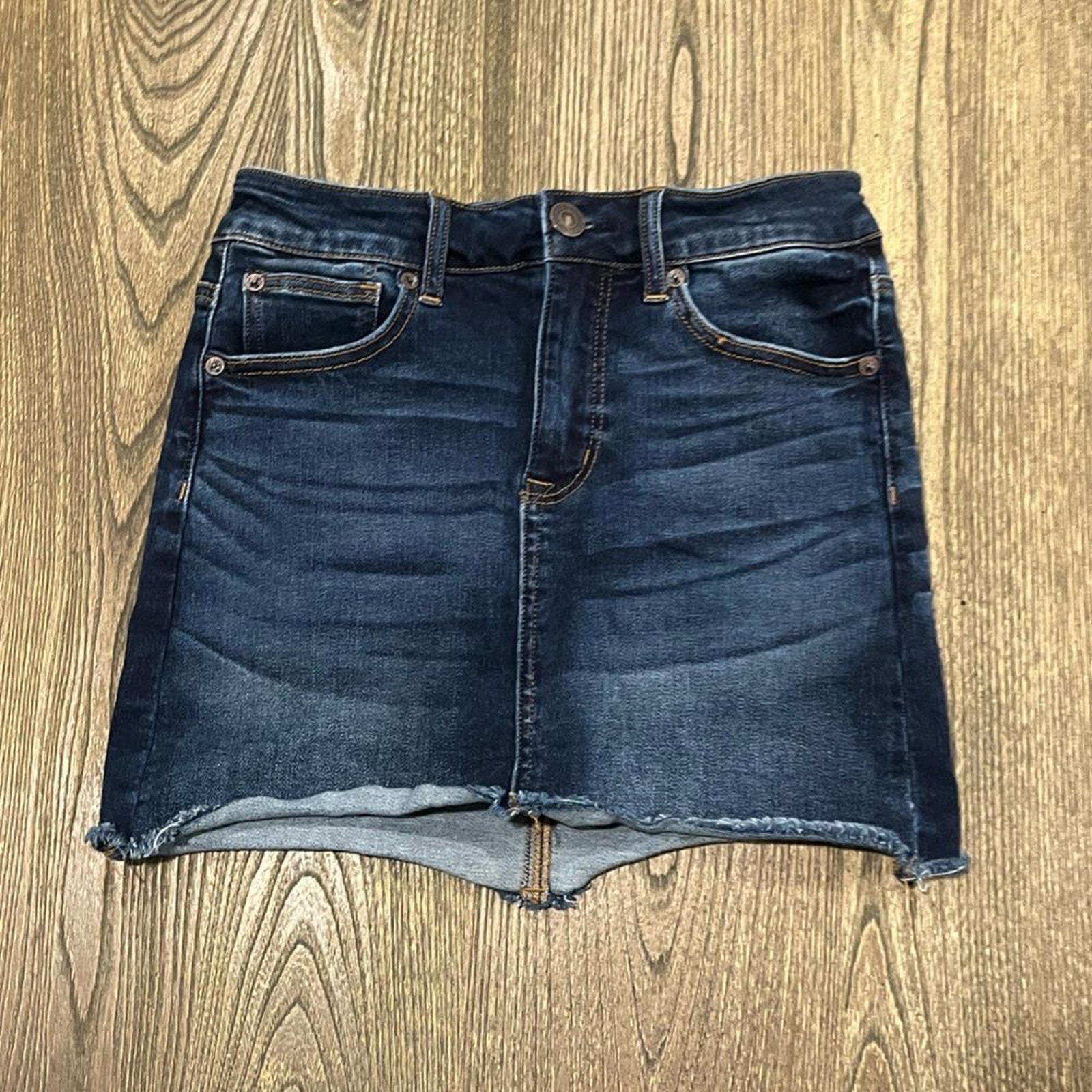 American Eagle Hi-Rise Mini Skirt Whisker Raw Hem Denim Stretch Blue Size 4