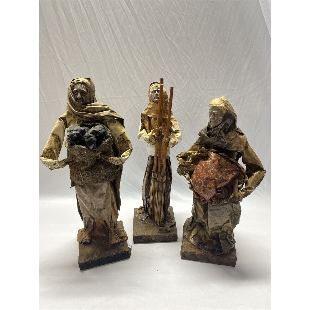 Vintage 3 Decoupage Paper Mache Man & Woman Holding Bags And Brooms 15” Tall