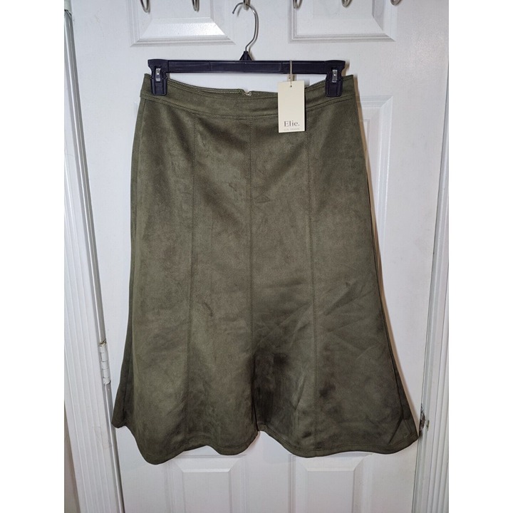 Elie Tahari Faux Suede Olive Green Midi Flare Skirt 8 NWT W30 Length 28