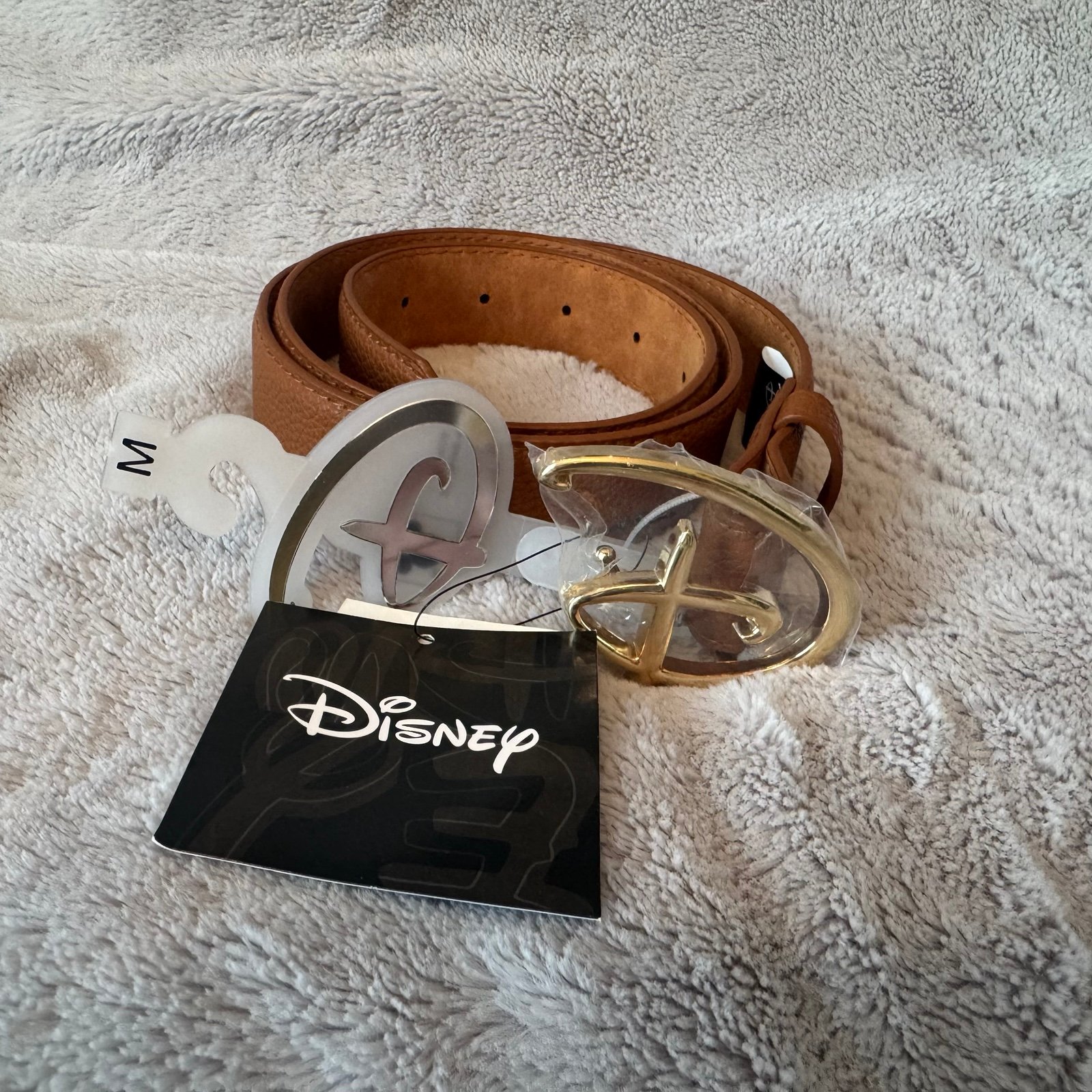 Disney Tan Belt with Disney D Logo Buckle in Gold Color Size Medium