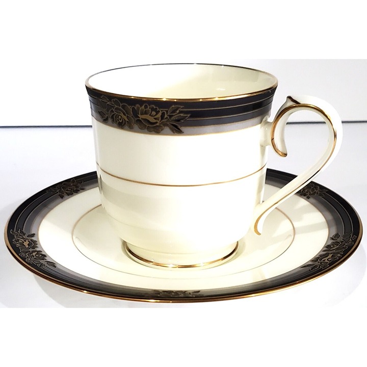 Noritake Spell Binder Set of 4 CUPS & SAUCERS black & gray bands with flowers