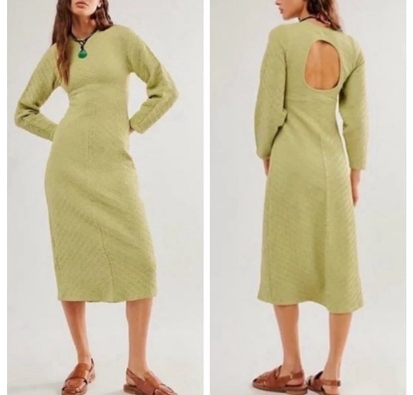 NWT Free People Gabby Seamless Textured Midi Dress Sz M/L Dried Aloe Green