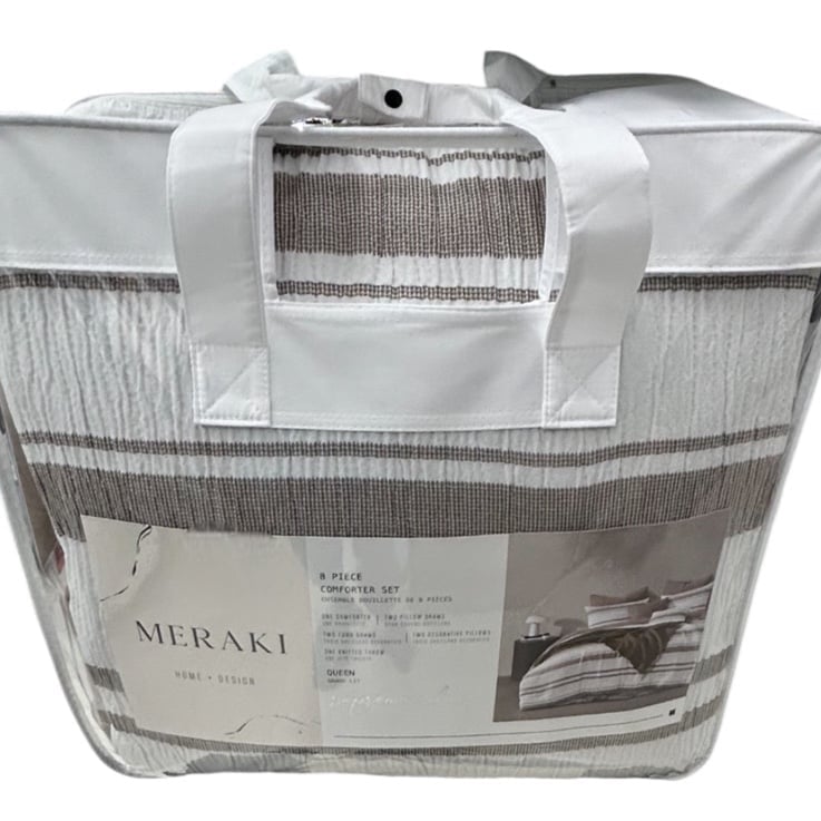 Meraki 8 Piece Brown and White Striped Queen Comforter Set