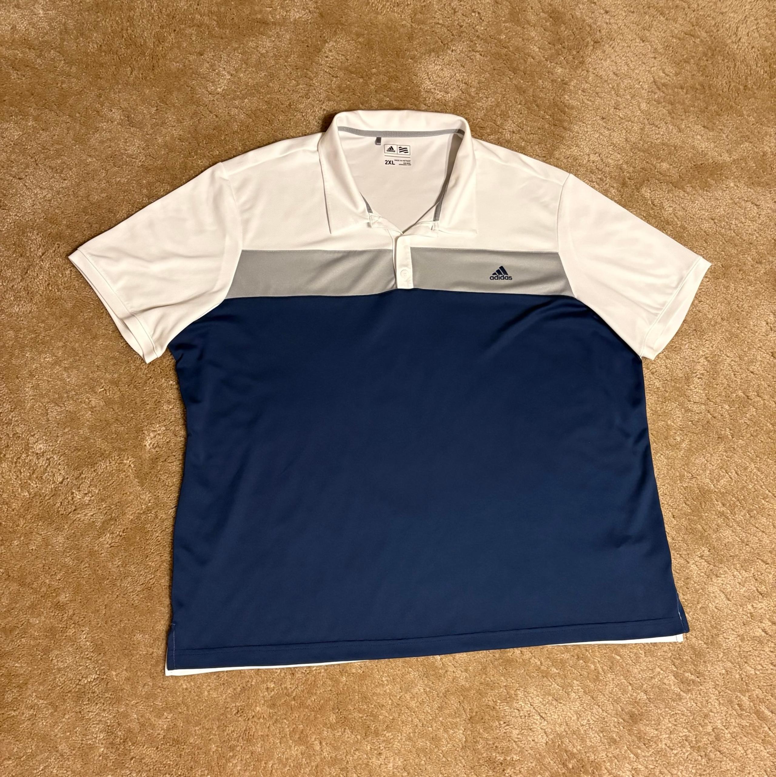 ADIDAS BLUE, WHITE AND GRAY XXL GOLF SHIRT