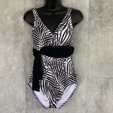 TOMMY BAHAMA Black White Island Sculpt V-Neck Faux Wrap One-Piece Bathing Suit
