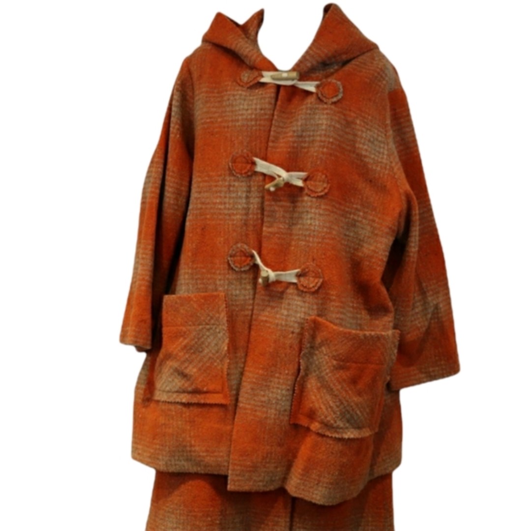 Su-Zen Rare Laggin Look Orange Plaid Skirt Suit Longline Jacket Wrap Skirt Set