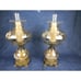 Pair Of Vintage Accurate Casting Co Amber Smoke Glass Floral Hurricane Lamps