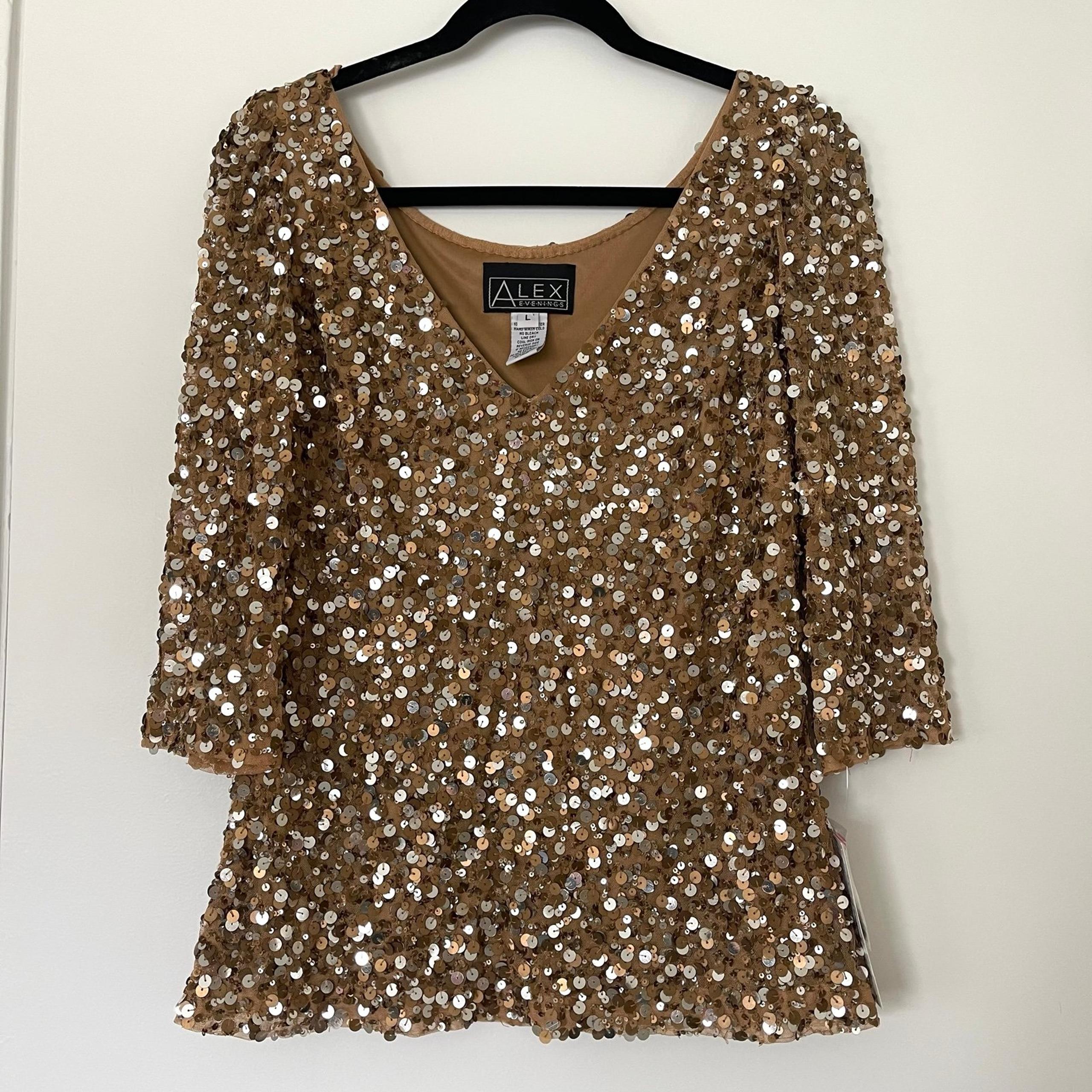 NWT ALEX EVENINGS Gold Tan Sequined 3/4 Sleeve V-Neck Top Women's Size Large