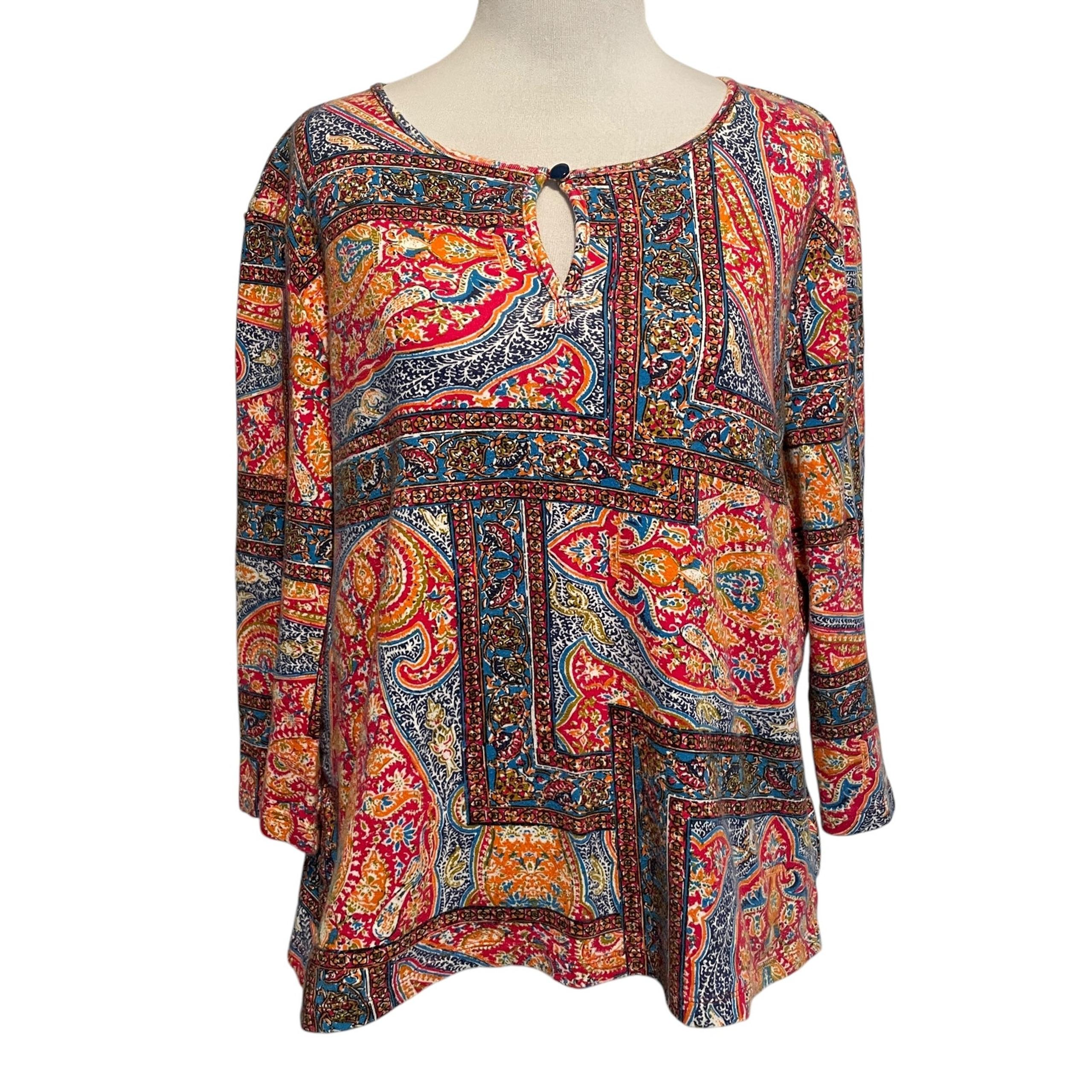 Jones New York Colorful Paisley Tee Womens XL Keyhole 3/4 Sleeve Cotton Top