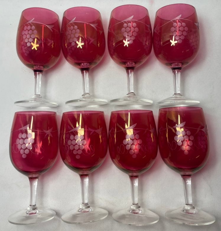 (8) Cranberry Cut To Clear Grapes Wine Glasses