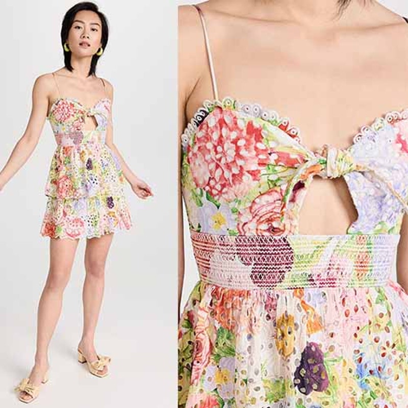 NEW Alice + Olivia Fina Smocked Eyelet Dawn Floral Mini Dress Multi Color Size 0