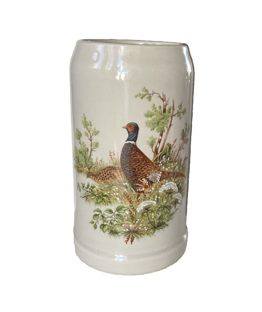 Large German Stoneware Pheasant Beer Stein Glass Vintage *small Chip On Bottom*