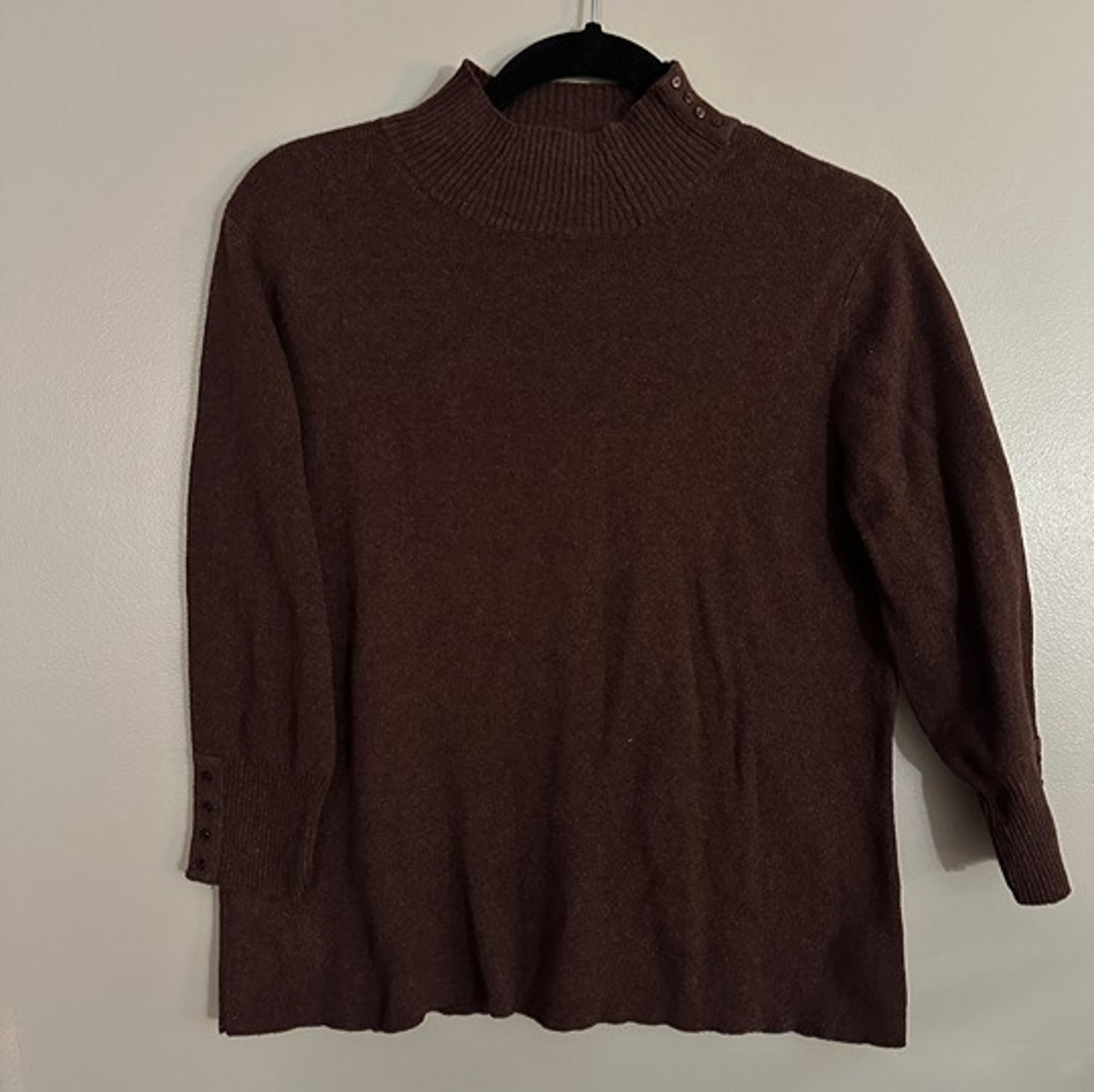 Cold Water Creek Sweater Warm Dark Brown Mock Neck Button Detail Size Medium