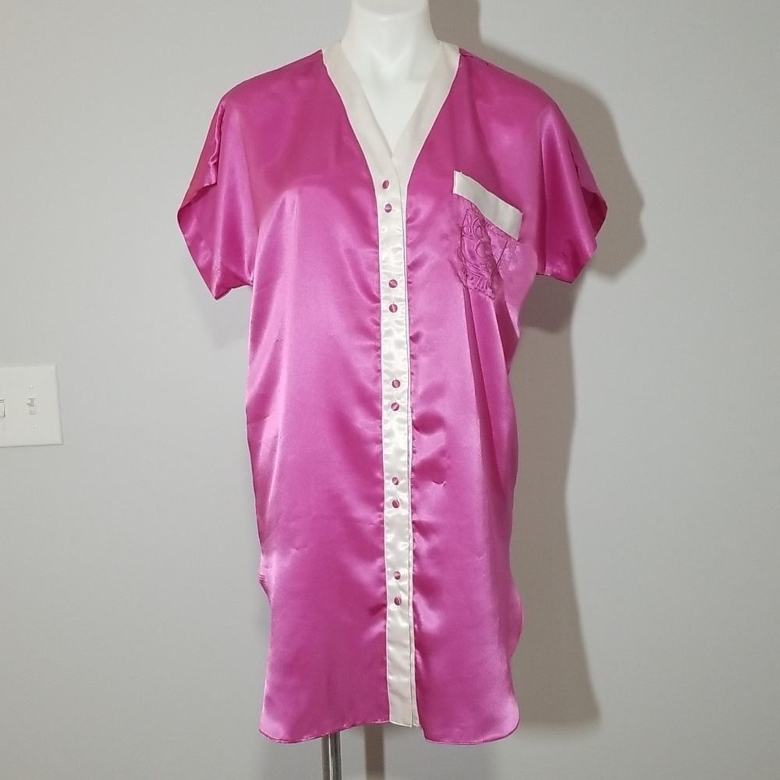 Cacique Lingerie Pink and White Satin Sleep Shirt Nightgown