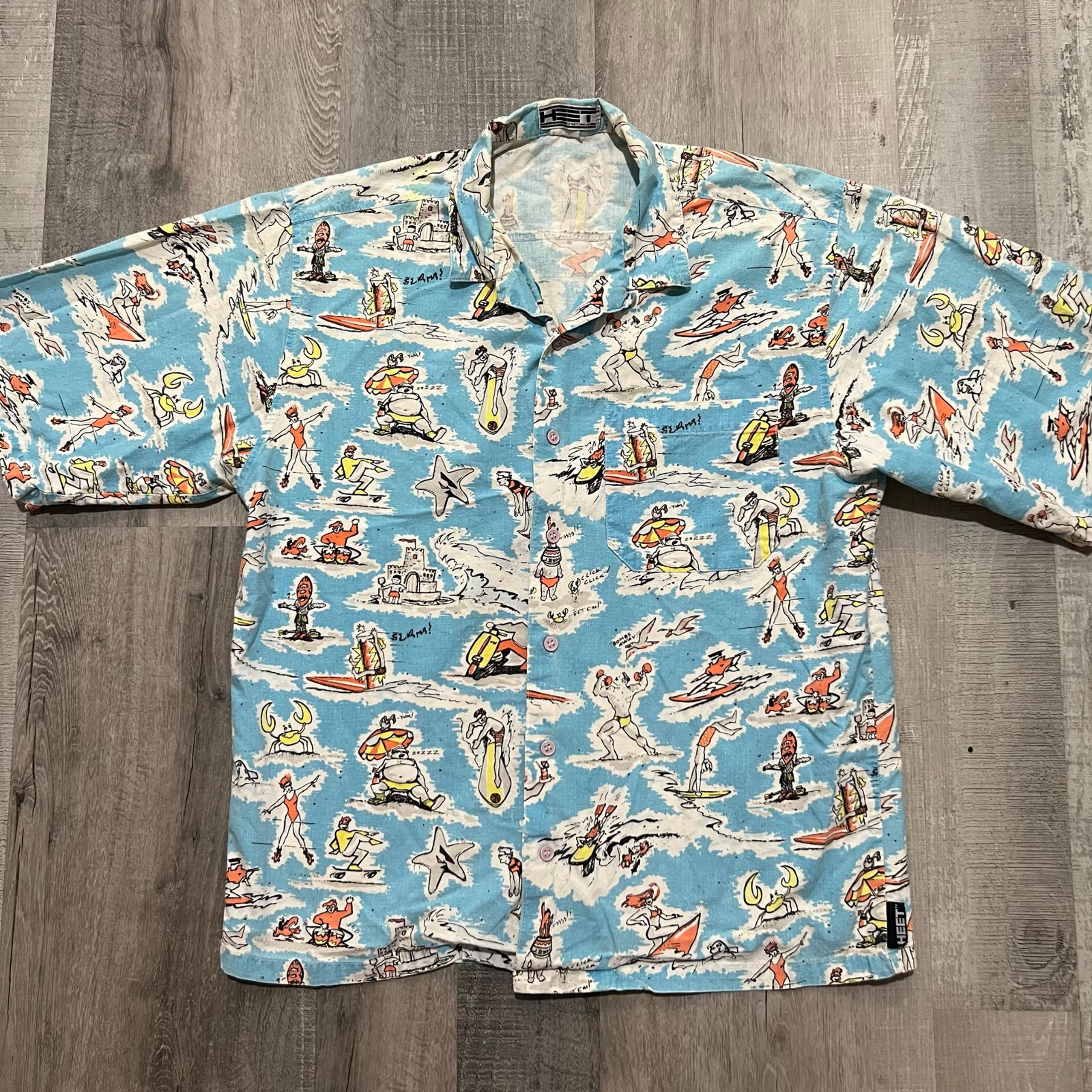 VTG Pop Art Surf Skate Loop Collar Beach Bodybuilding SS Button Shirt - HEET