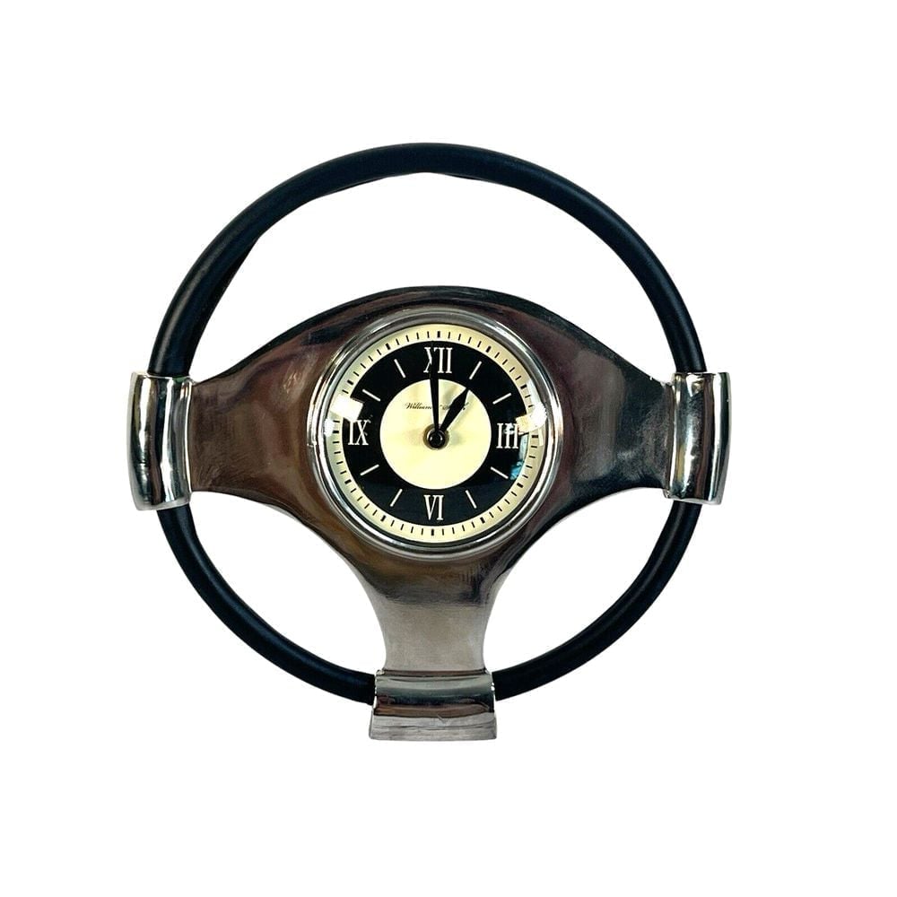 vintage 70's William & Smith Chrome and Black Steering Wheel Desk Clock