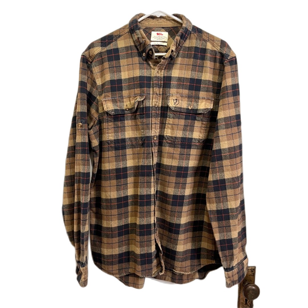 Fjallraven Brown Plaid Flannel Button Up Shirt Top Mens Size XL