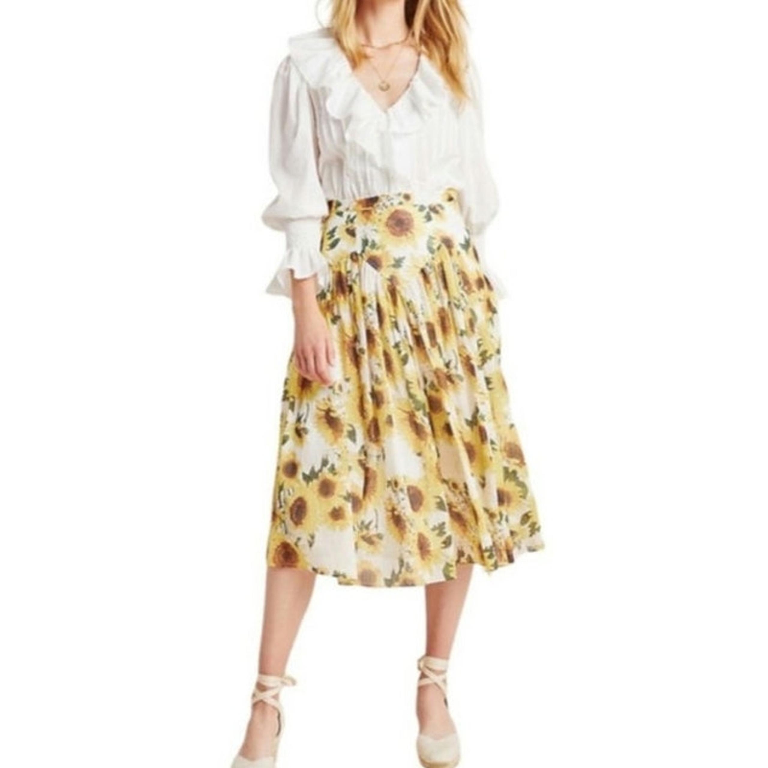 Anthropologie Hope for Flowers Cotton Gauze Circle Skirt 14 Yellow Sunflowers
