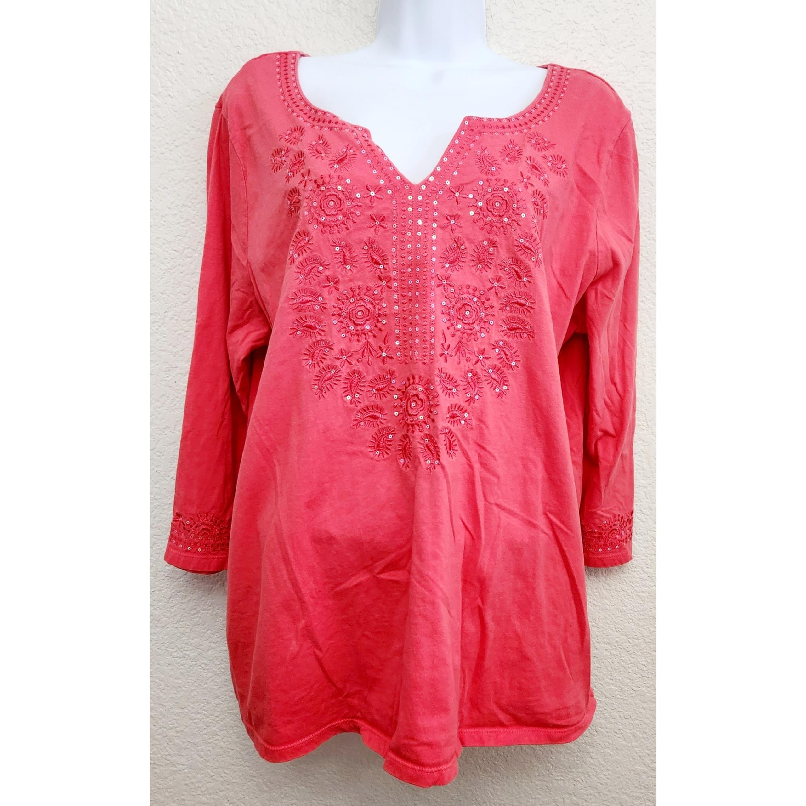 Laura Scott Pink Orange Embroidered Sequin V Neck Top 1X Plus Boho Peasant Soft