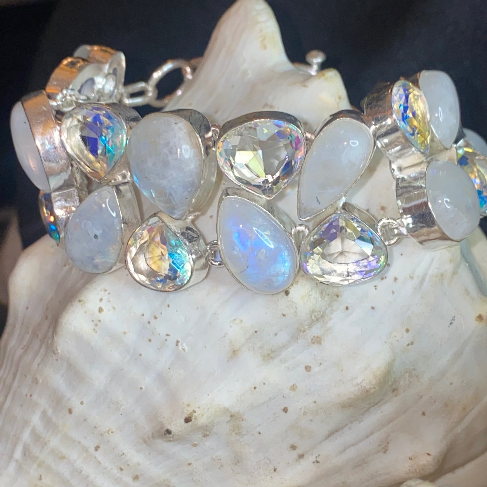 Exquisite Mystic White Quartz + Rainbow Moonstone statement Bracelet cuff