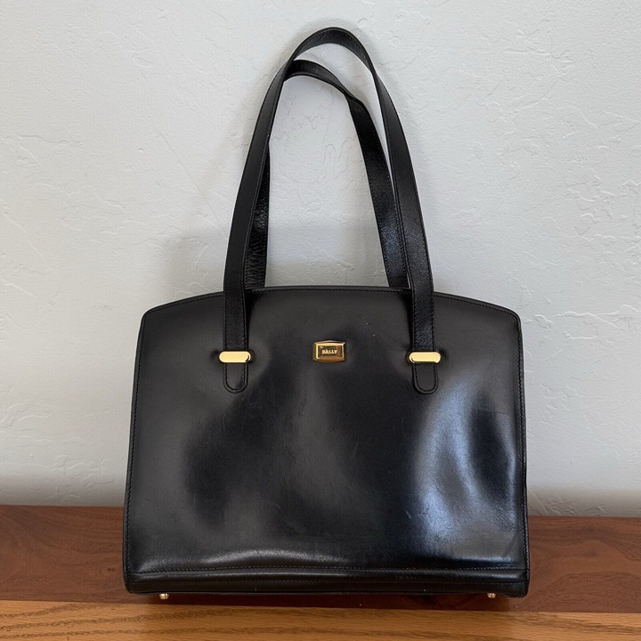 Vintage BALLY Black Leather Tote Bag Purse Black