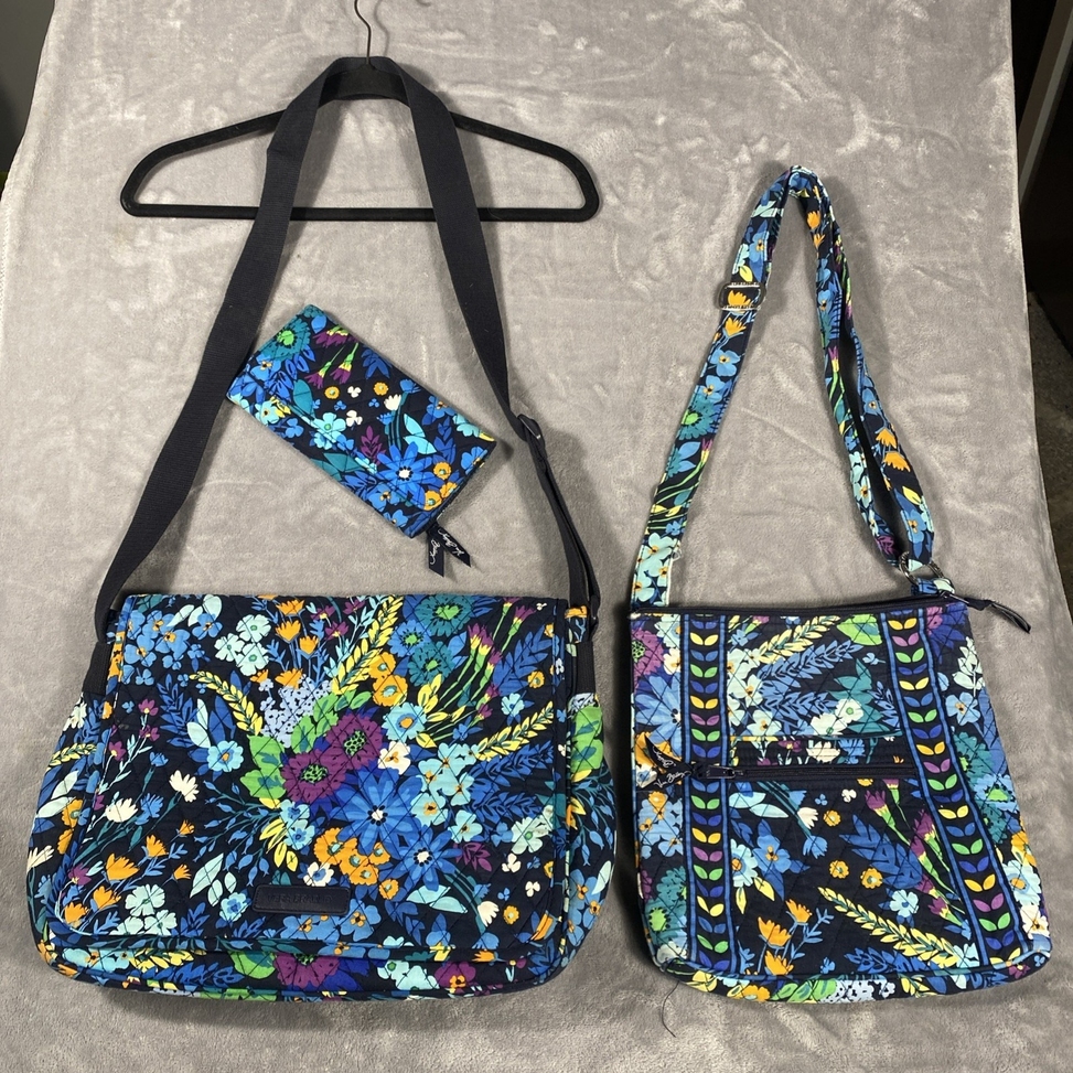 Vera Bradley Messenger & Crossbody Bag & Wallet Hipster Midnight Blues 3 Pieces