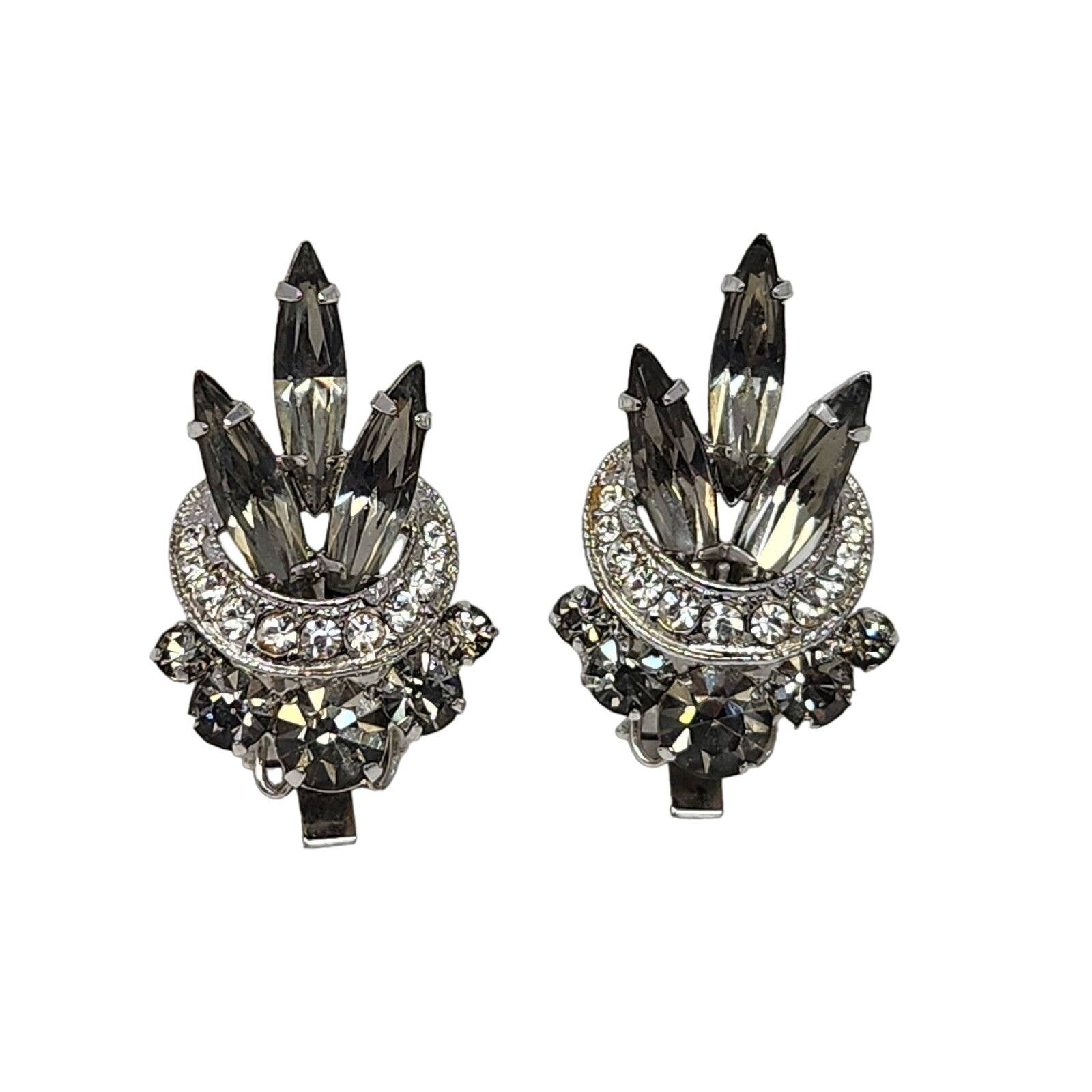 Signed WEISS Smokey Gray & Clear Rhinestone Clip-on Earrings Navette Silver VTG