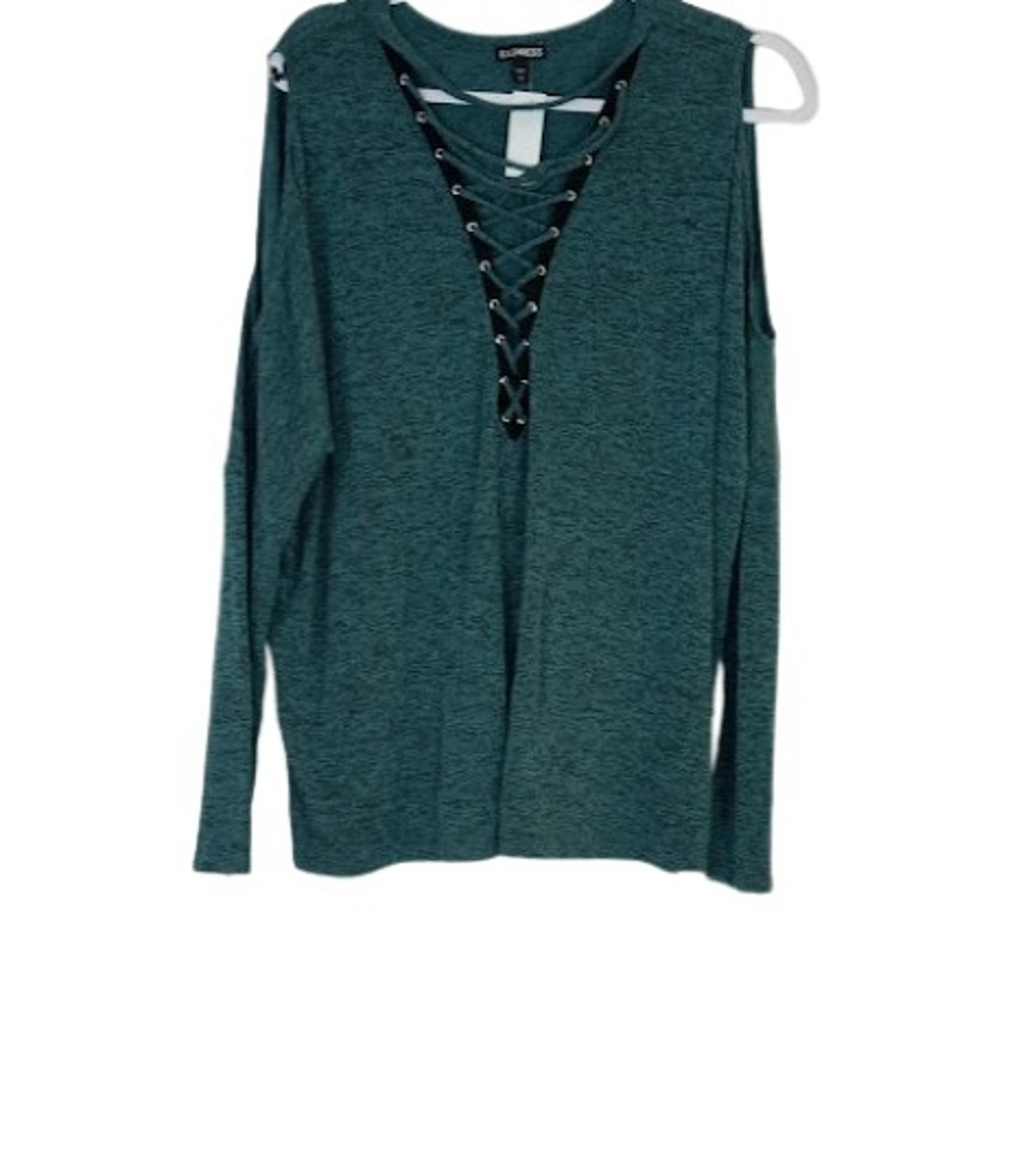 Express Womens Grommet Lace Up Cold Shoulder T-Shirt Tee Green Heather L New