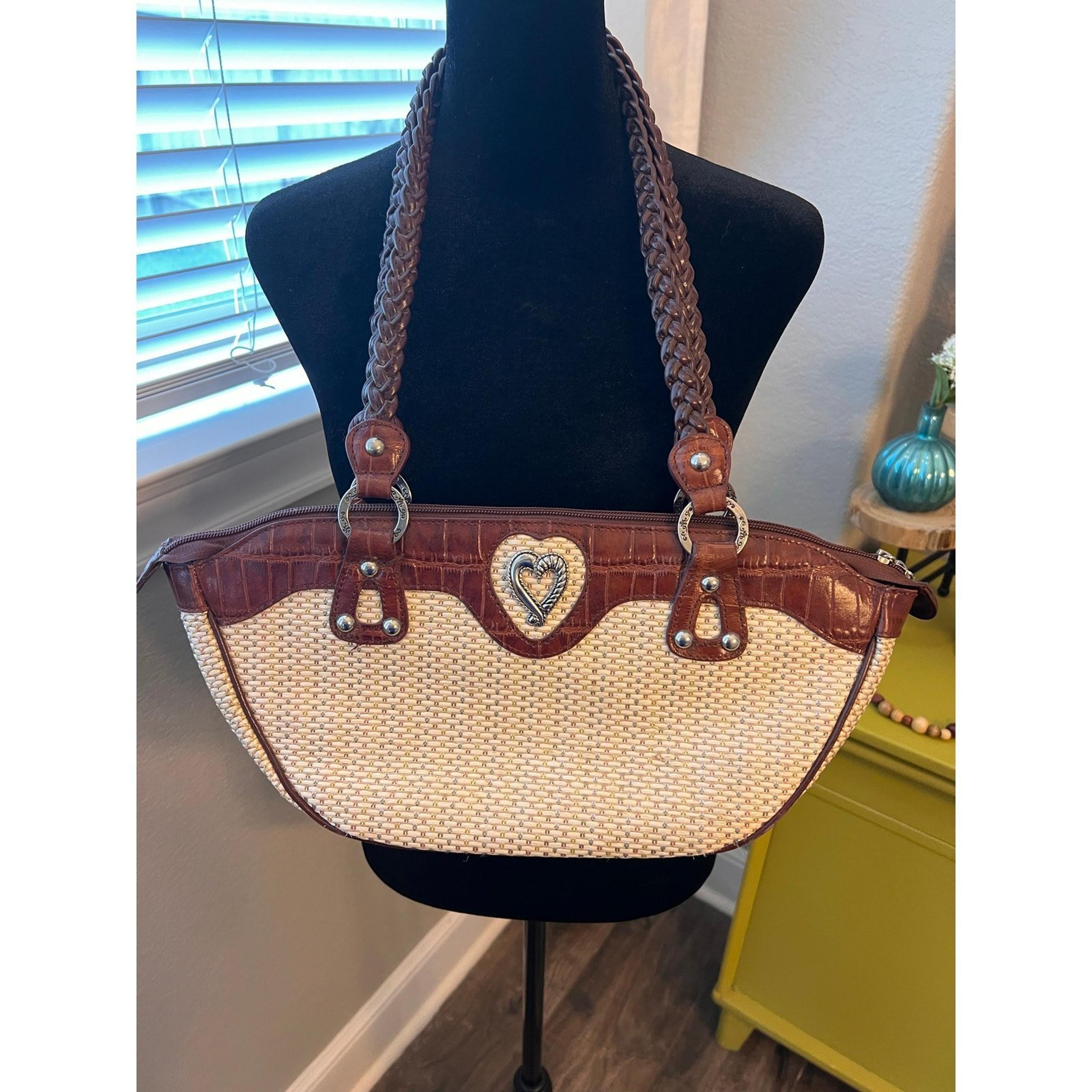 MC heart tan w/ brown embossed trim shoulder bag w/ zip closure silver feet