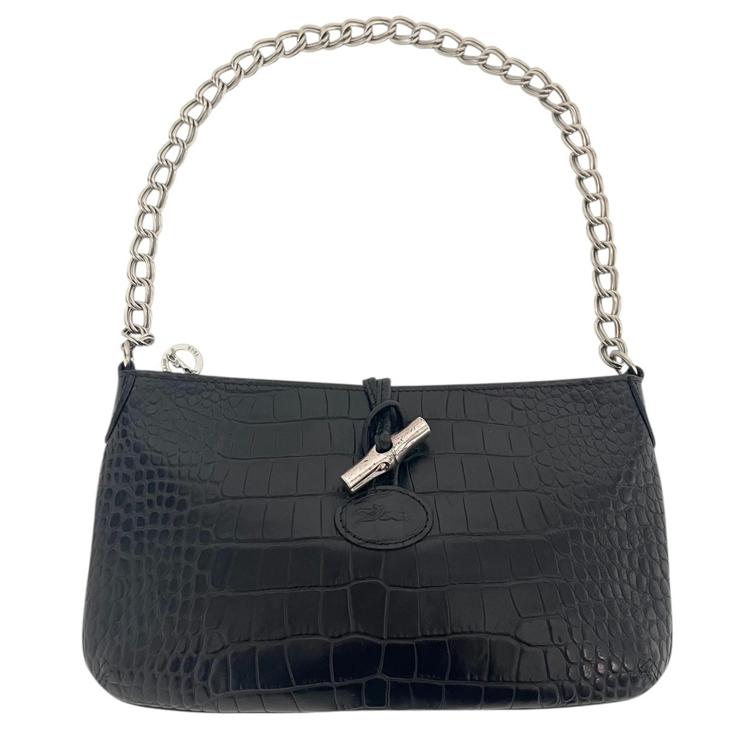 leather Croc Crocodile Embossed Leather Shoulder Bag Black Silver Y2K - Longchamp