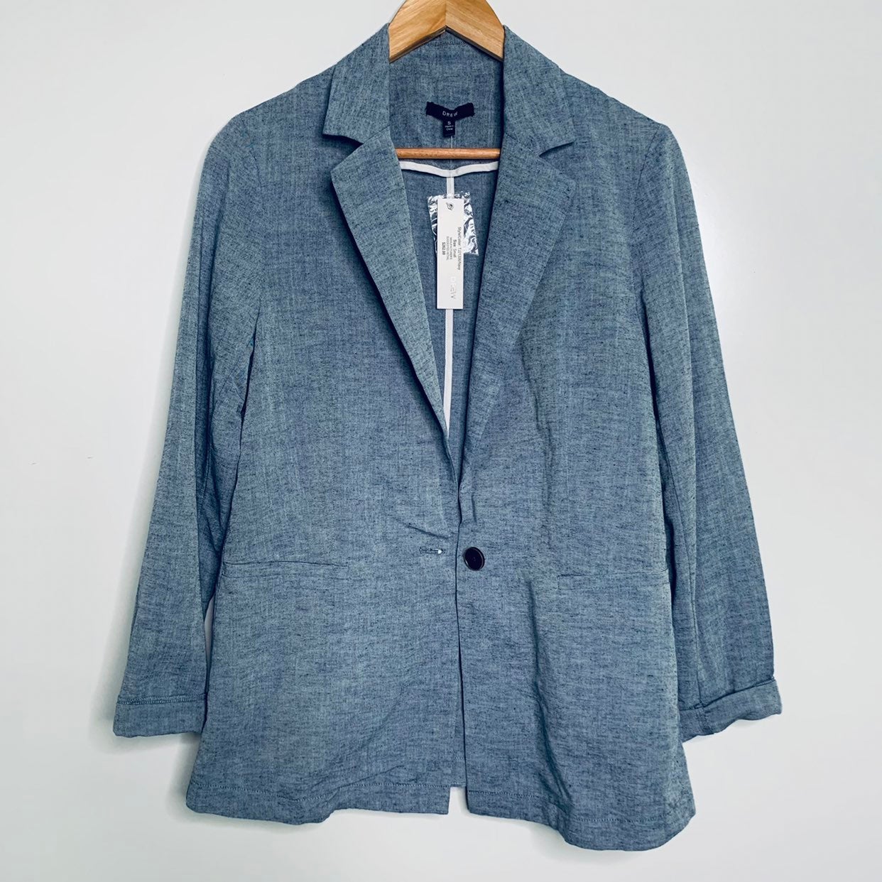 DREW Anthropologie NWT Linen Blend Chambray Blue One Button Blazer Size Small