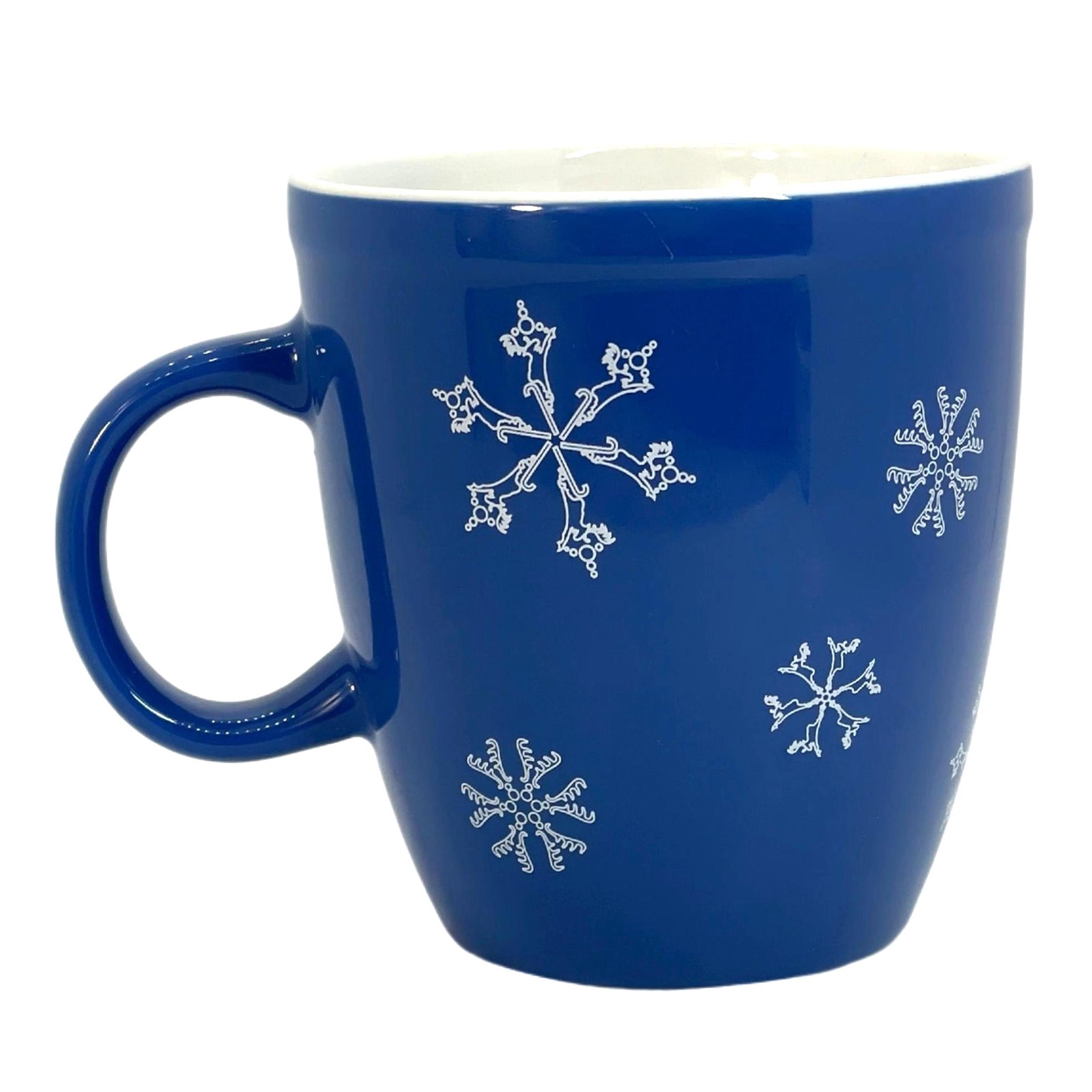 Cobalt Blue White Snowflake Ceramic White Mug Cup 16 oz - Caribou Coffee