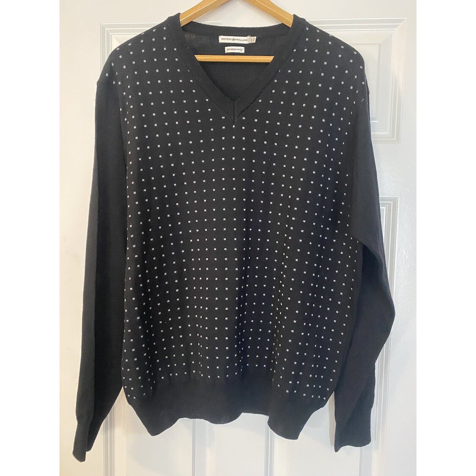 Peter Millar V Neck Sweater Black & Gray Pattern Large 100% Merino Wool Italy