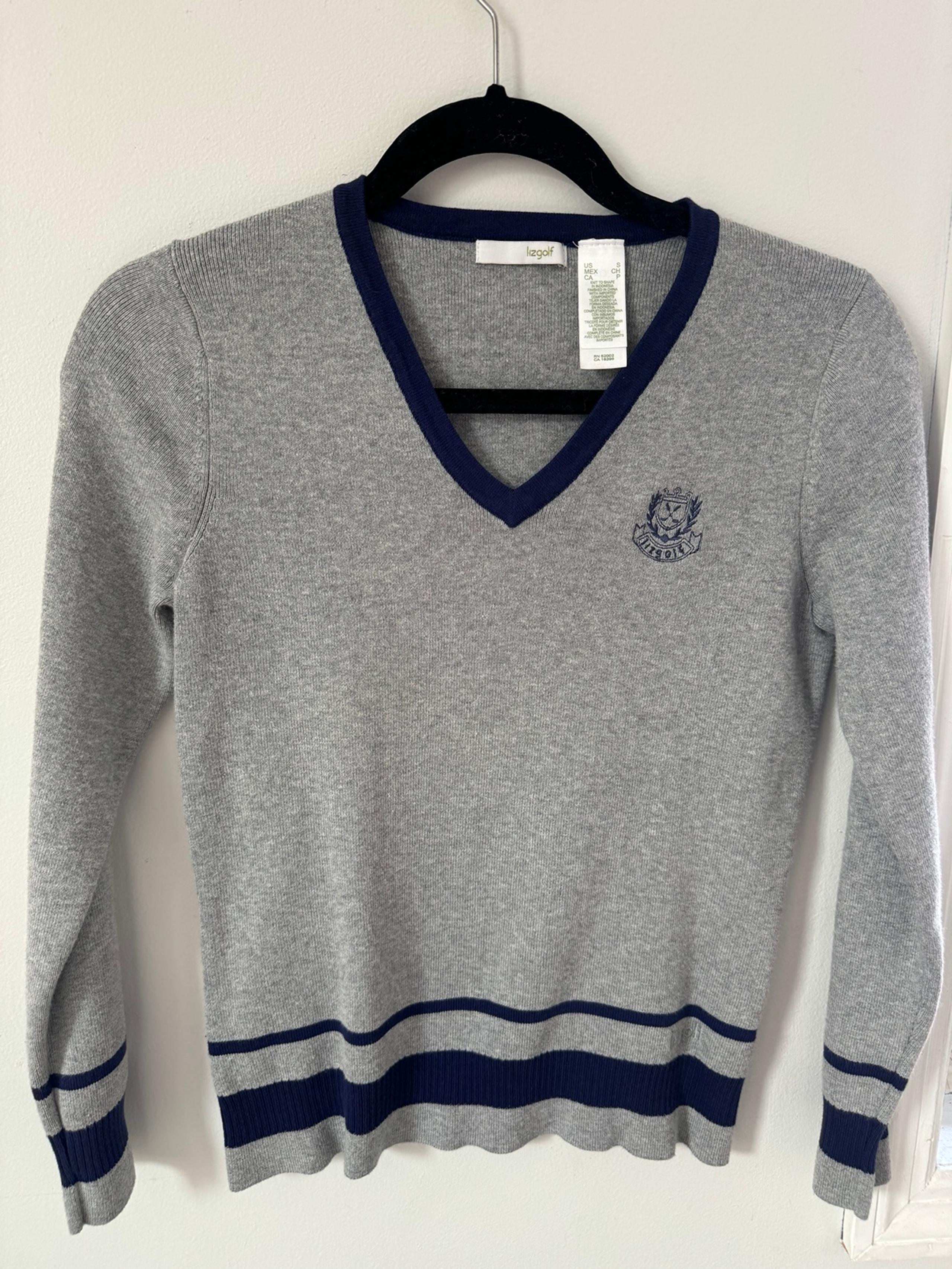 Gray V-Neck Sweater with Navy Accents