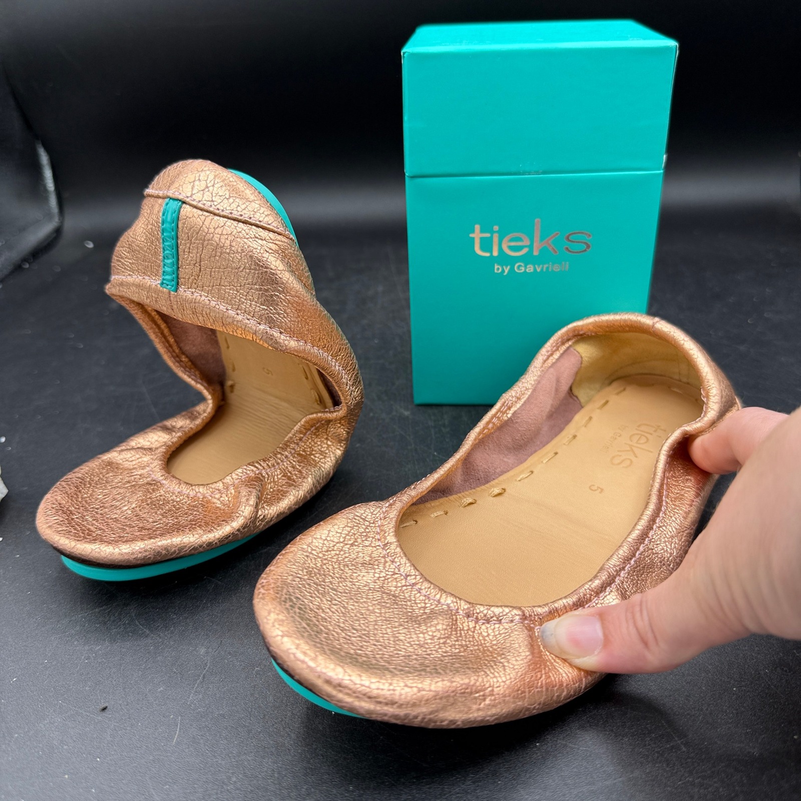 TIEKS Sz 5 New Rose Gold Glam w/ Box Ballet Flats Travel Party Storage Bags