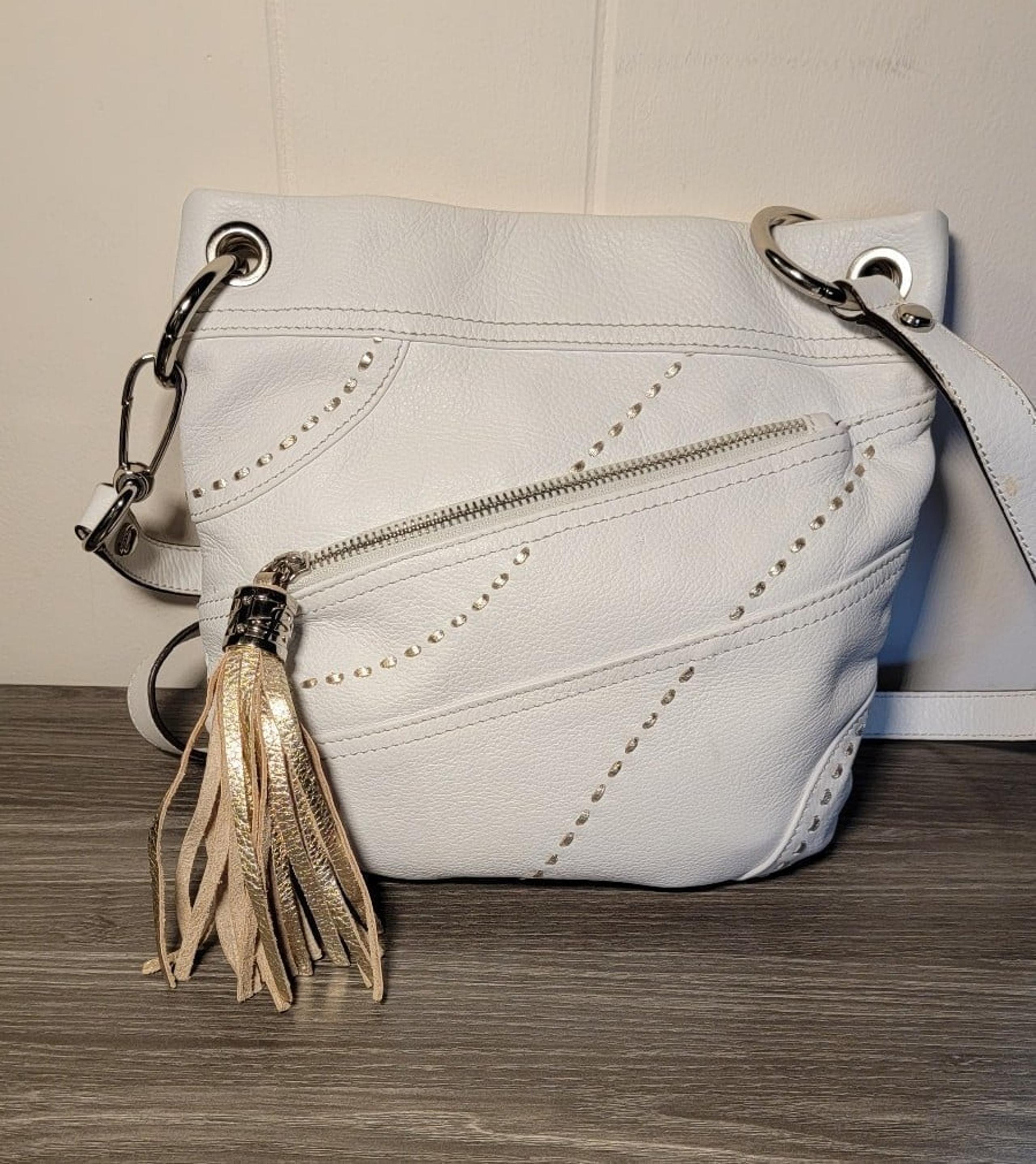 B. Makowsky White Genuine Leather Crossbody Purse Handbag Tassel