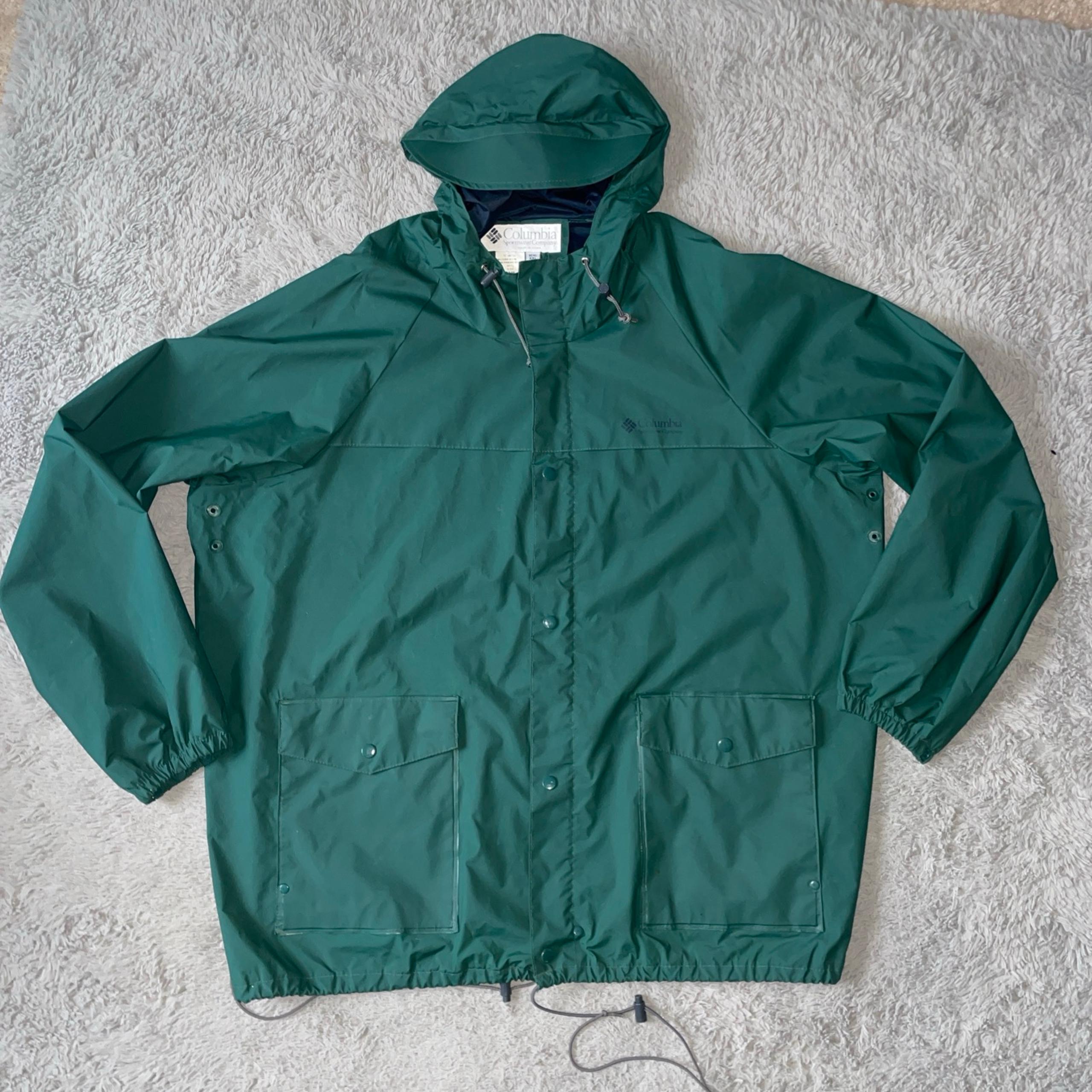 Columbia Jacket Mens XXL Forest Green PVC Nylon Vented Hooded Rain Coat Pockets