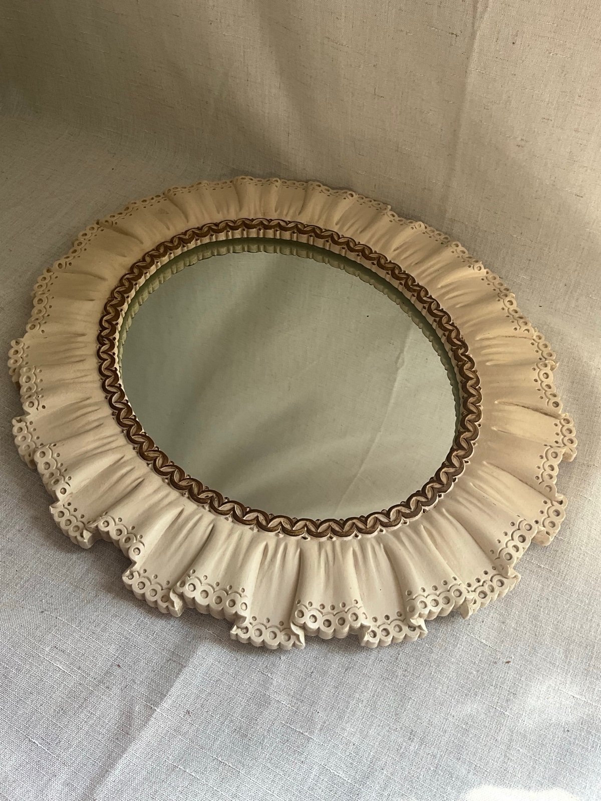 Vintage Syroco Oval White Lace Style Easel Wall Mirror Maroon Back