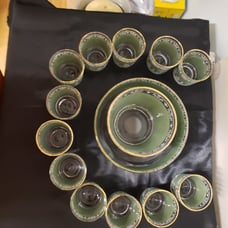 Set of 12 Vintage Hellenic Wedgewood Green Glasses, 1 Large and 1 Small Bowl.