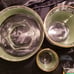 Set of 12 Vintage Hellenic Wedgewood Green Glasses, 1 Large and 1 Small Bowl.