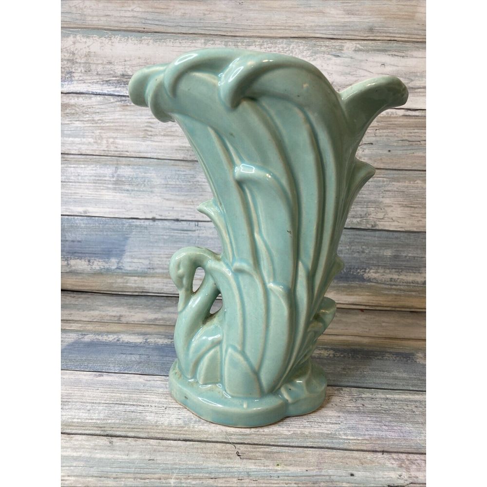 Vintage McCoy Green Swan in Reeds Vase Planter 1940s Art Deco 9