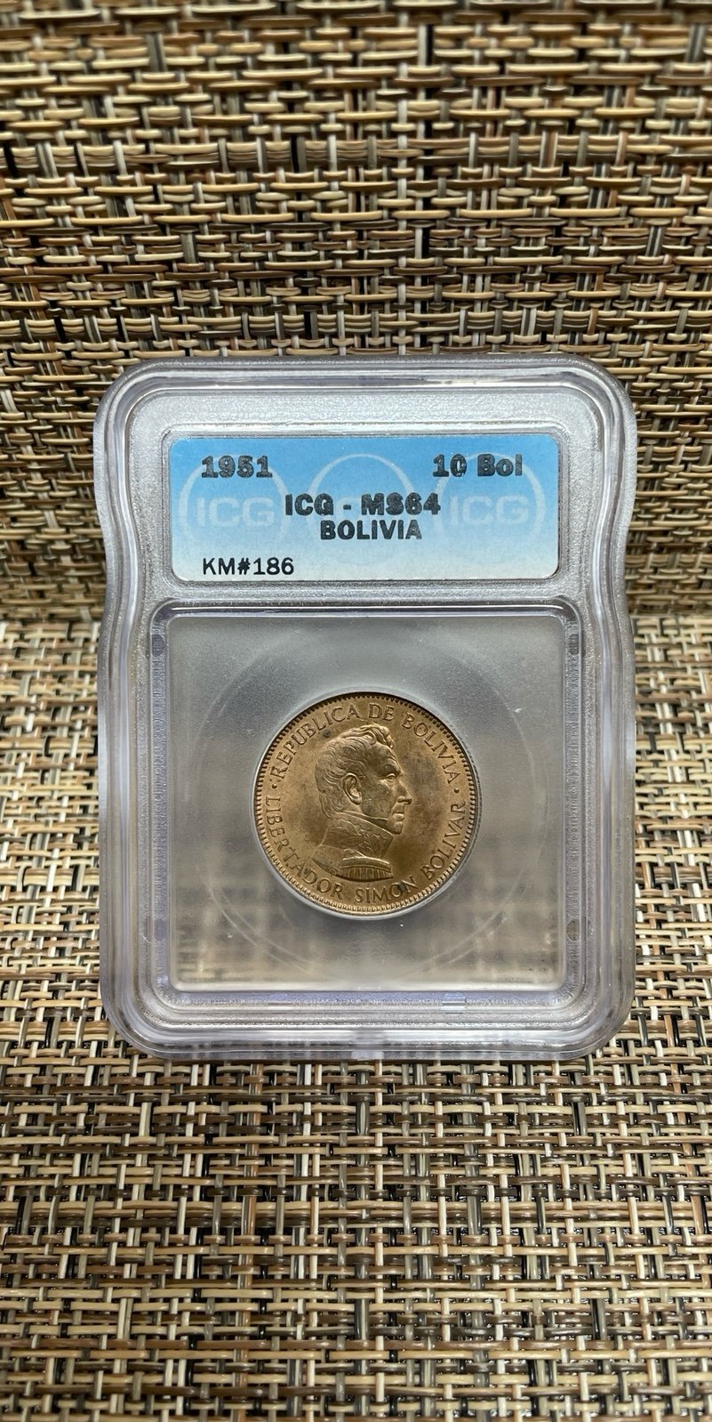 1951 BOLIVIA BS 10 UN BOLIVAR ICG MS64 RED