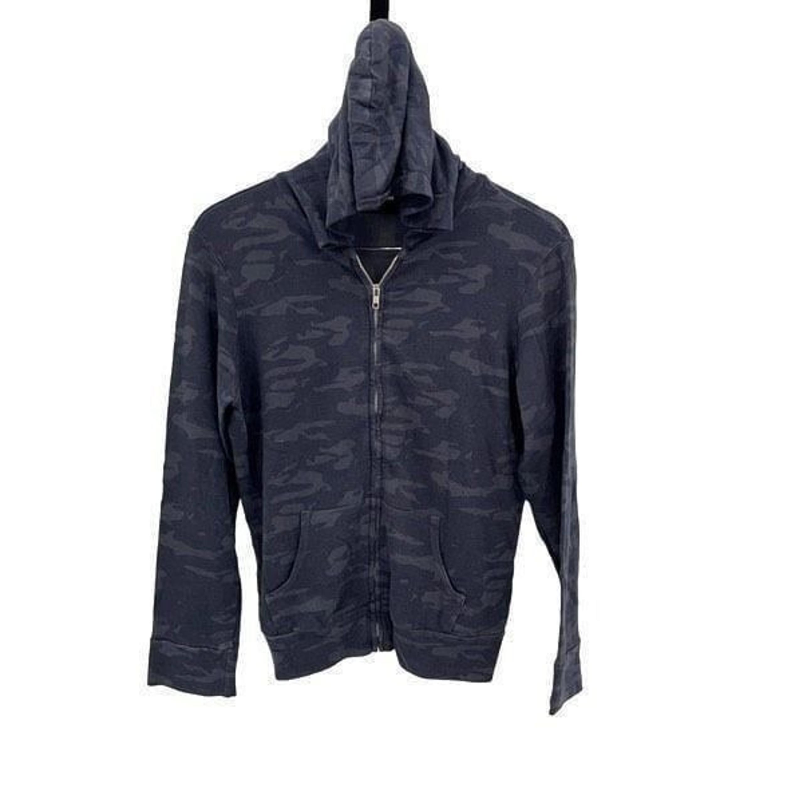 Monrow Womens Camo Zip Up Rayon Blend Hoodie Sweatshirt Vintage Black Blue Large