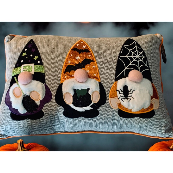 Halloween Gnome Decorative Pillow Plush Embroidered Design Grey Orange NEW