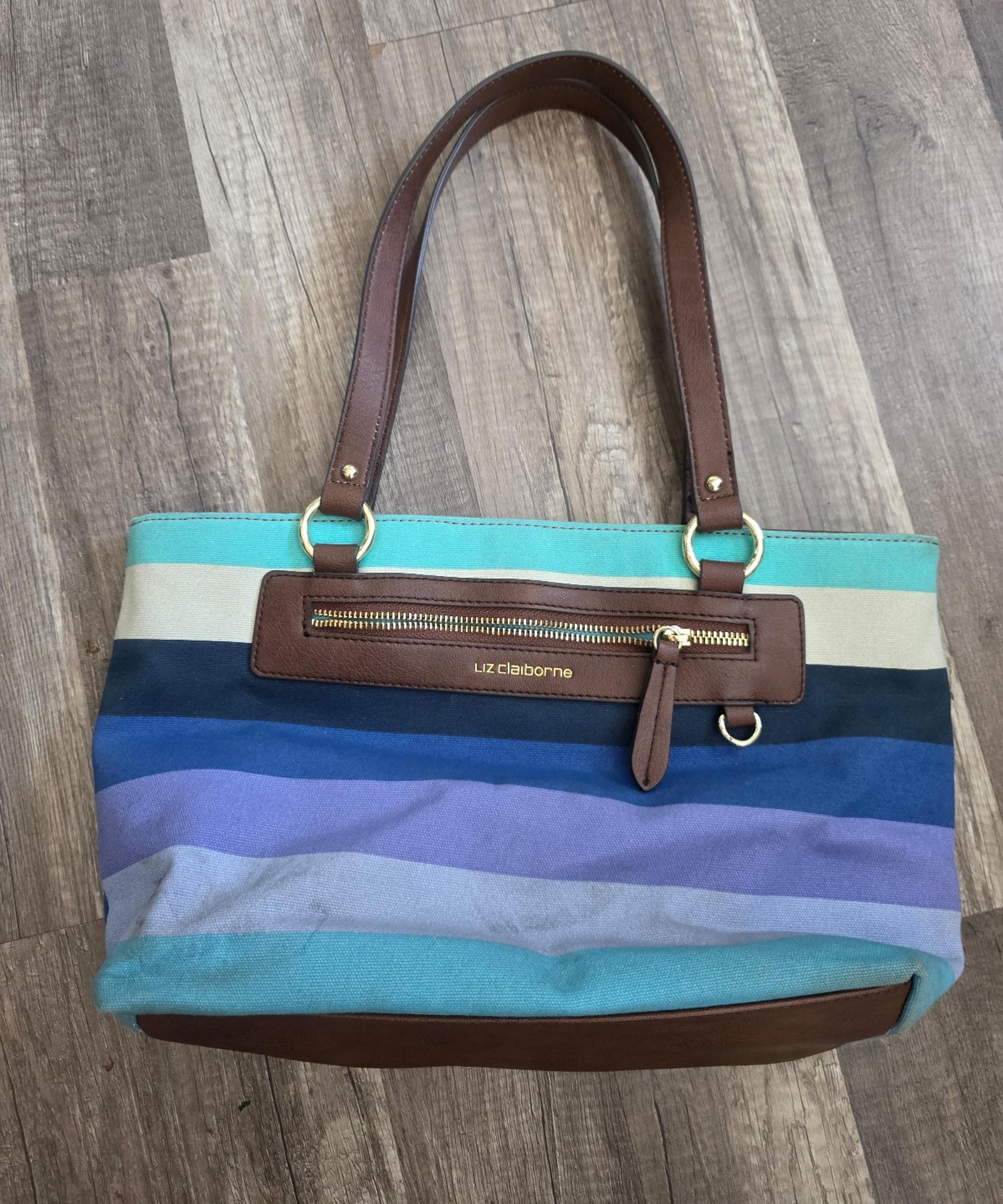 Liz Clairborne blue striped shoulder bag tote canvas preppy equestrian beach Y2K